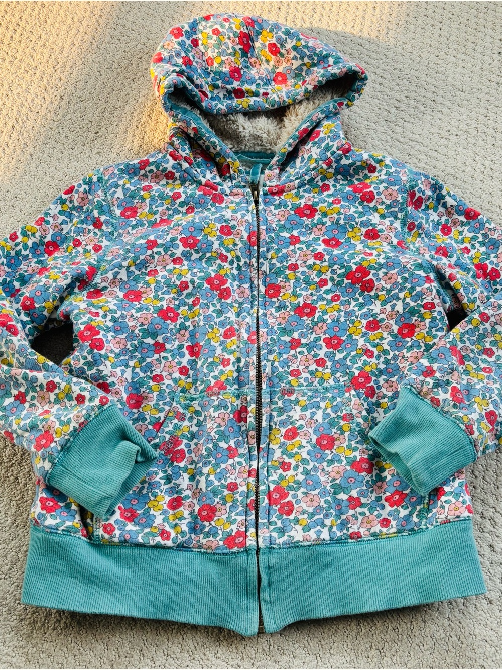 Mini boden Kids liberty Floral Sherpa Zip Hoodie jacket Teal Trim